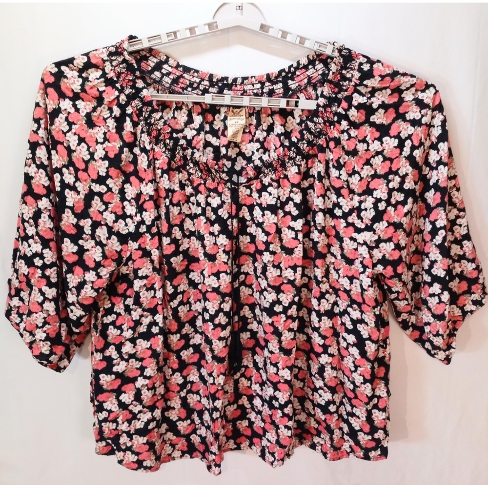 Faded Glory Smocked Neck Tassel Tie‎ Women's Peasant Blouse Top, 4X, Floral
